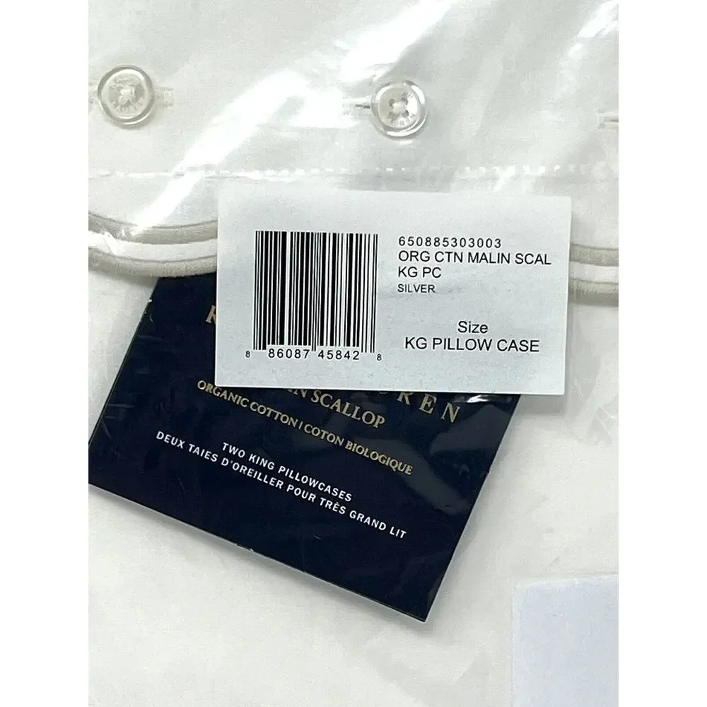 Ralph Lauren Malin Scallop KING PILLOWCASES Silver White Organic Cotton NWT Pair