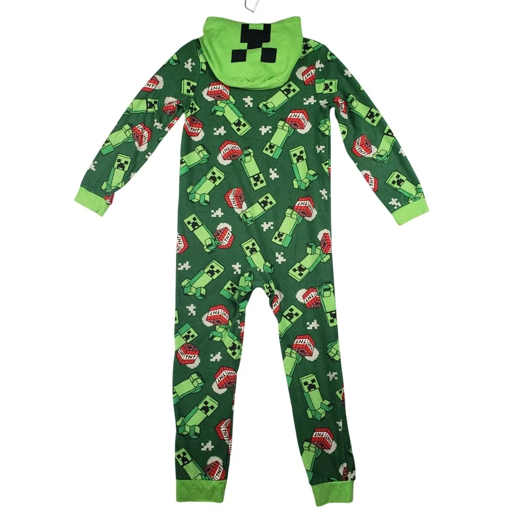 Minecraft Boys Pajamas Creeper TNT Hooded‎ One Piece Sleeper M 8/10 Green Fleece