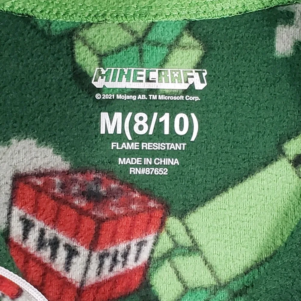 Minecraft Boys Pajamas Creeper TNT Hooded‎ One Piece Sleeper M 8/10 Green Fleece