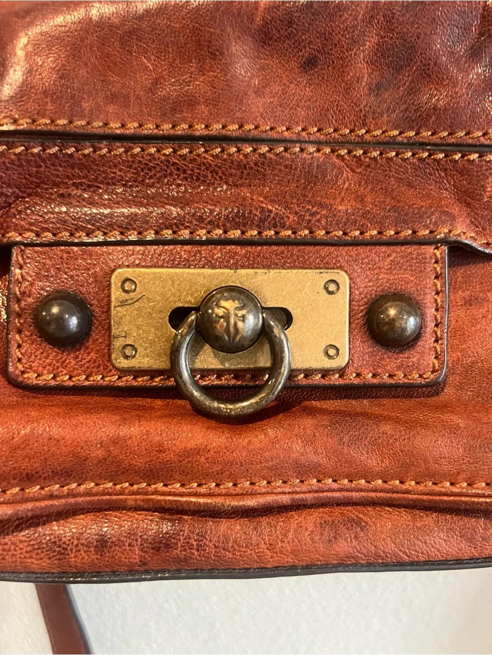 Frye Tan Leather Messenger Bag with Brass Hardware
