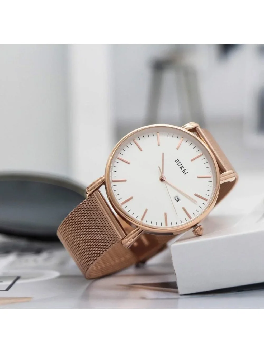 Men's Rose Gold Classic Mesh Strap Minimalist Analog Quartz Waterproof Watch