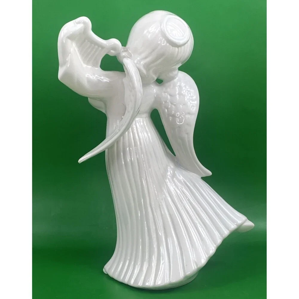 Vintage Atlantic Mold Ceramic Christmas Angel Harp 12” White Ivory Glazed
