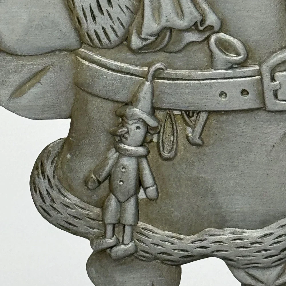 Vintage Pewter Santa Claus Christmas Stocking Holder Heavy Mantel Hanger 6x4.5