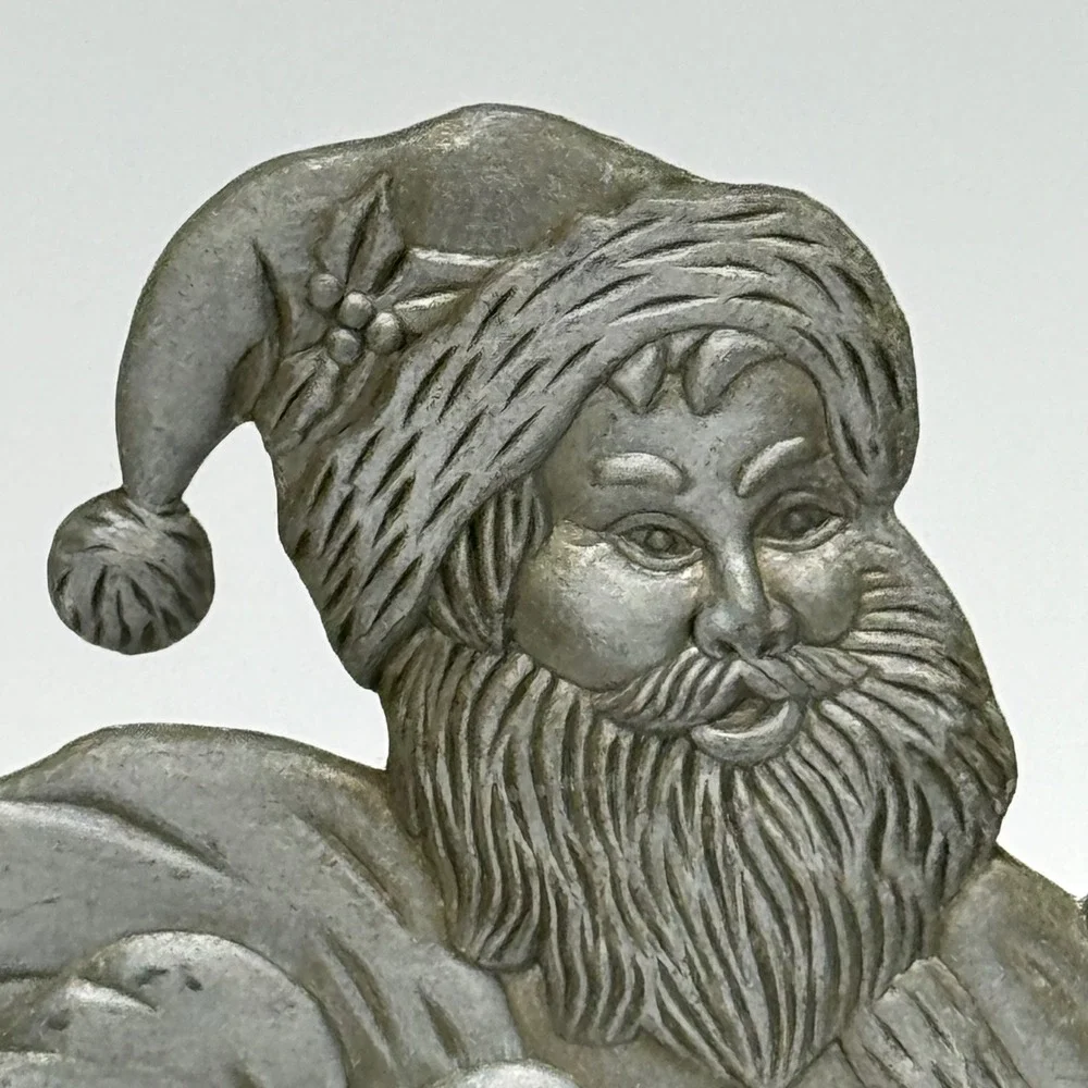 Vintage Pewter Santa Claus Christmas Stocking Holder Heavy Mantel Hanger 6x4.5