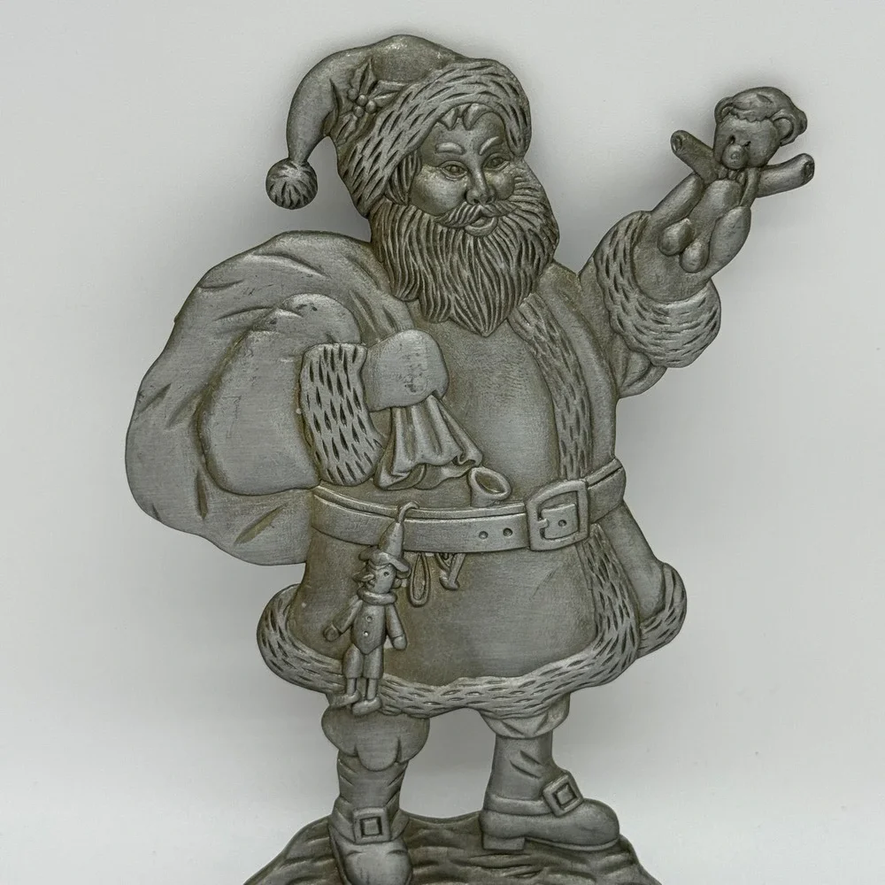 Vintage Pewter Santa Claus Christmas Stocking Holder Heavy Mantel Hanger 6x4.5