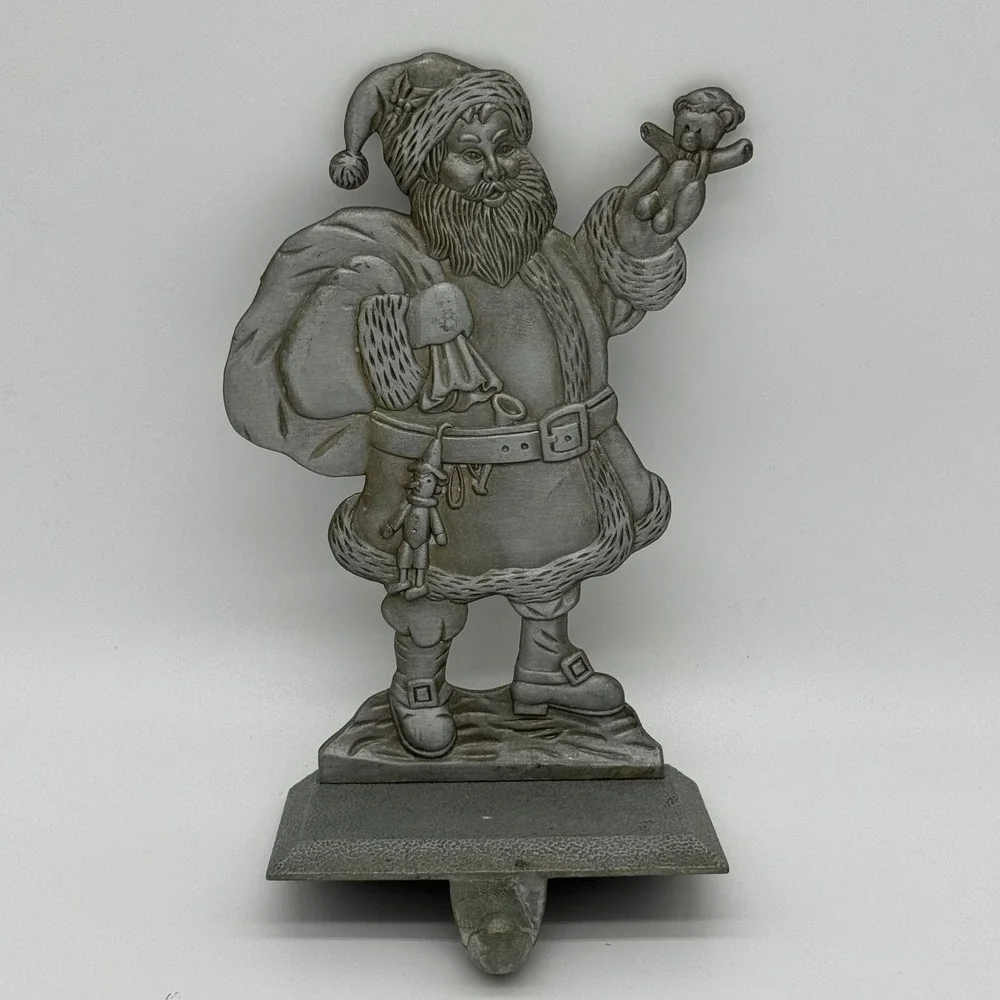 Vintage Pewter Santa Claus Christmas Stocking Holder Heavy Mantel Hanger 6x4.5