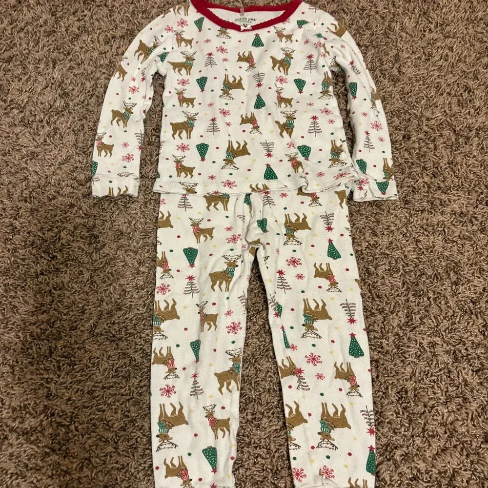 Chick Pea Christmas Pajama Set 4T White Reindeer Print Long Sleeve Pants Cotton