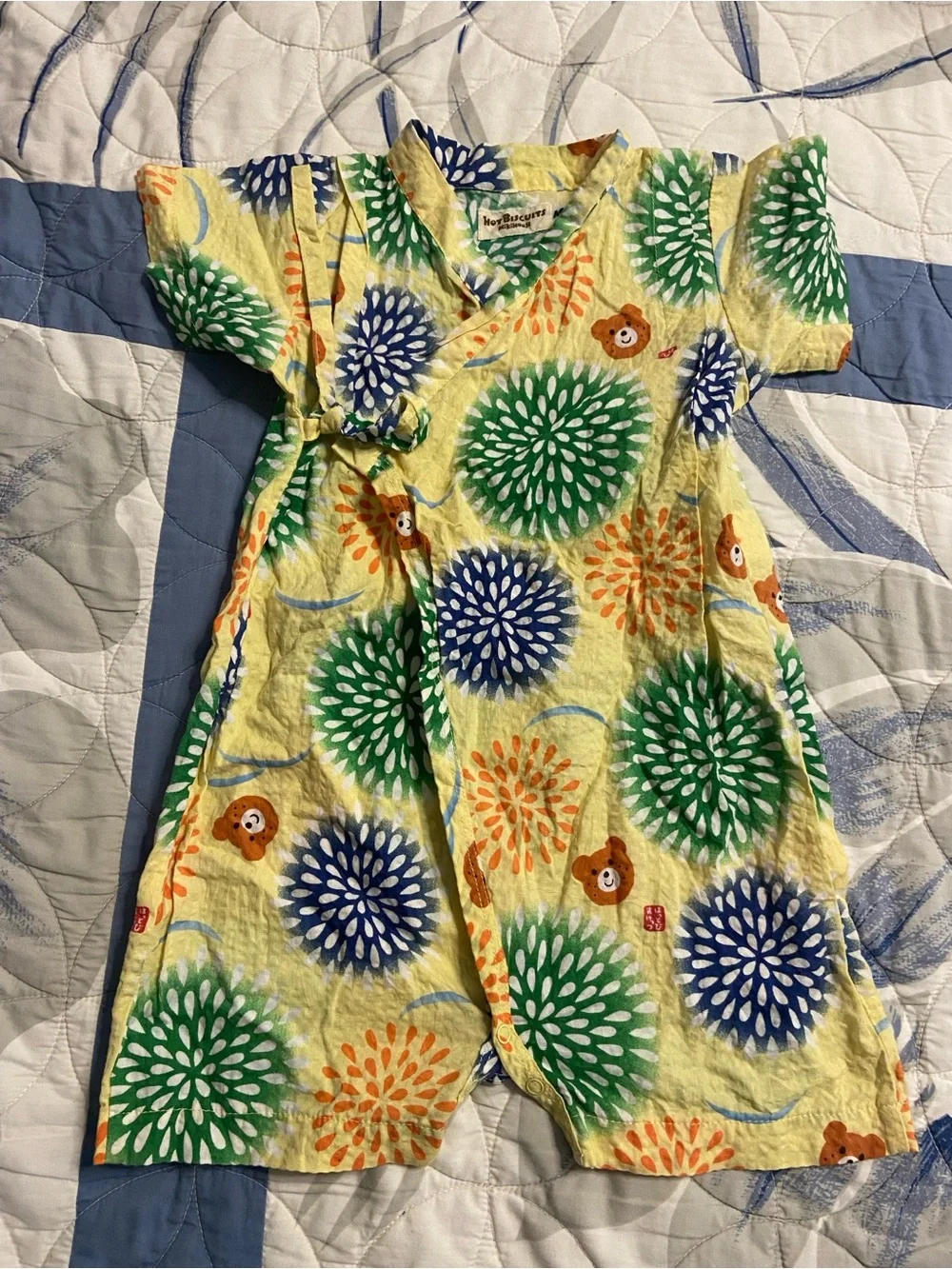 T41a- HOT BISCUITS Yellow Floral MikiHouse KIMONO Shorts Wrap Romper