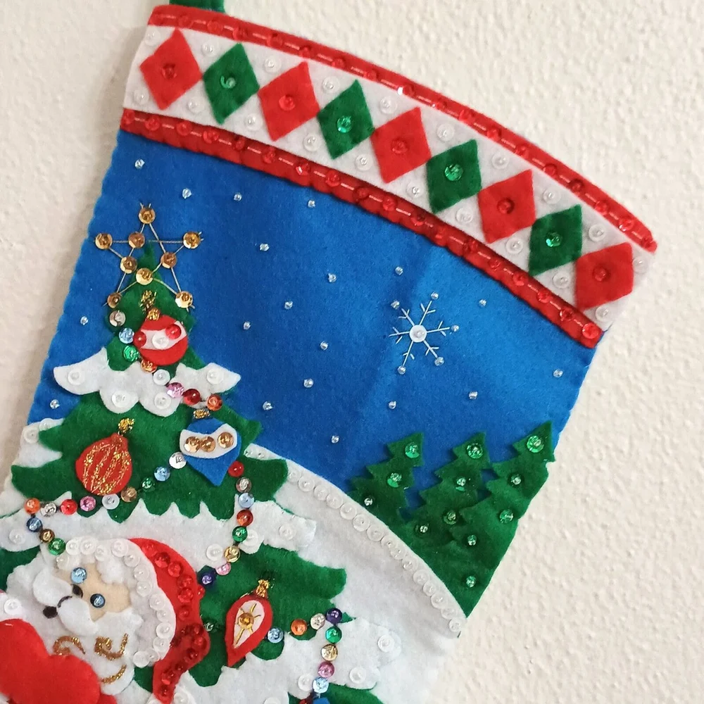 FINISHED Bucilla Felt Christmas Stocking Handmade Pick A Tree Santa Claus