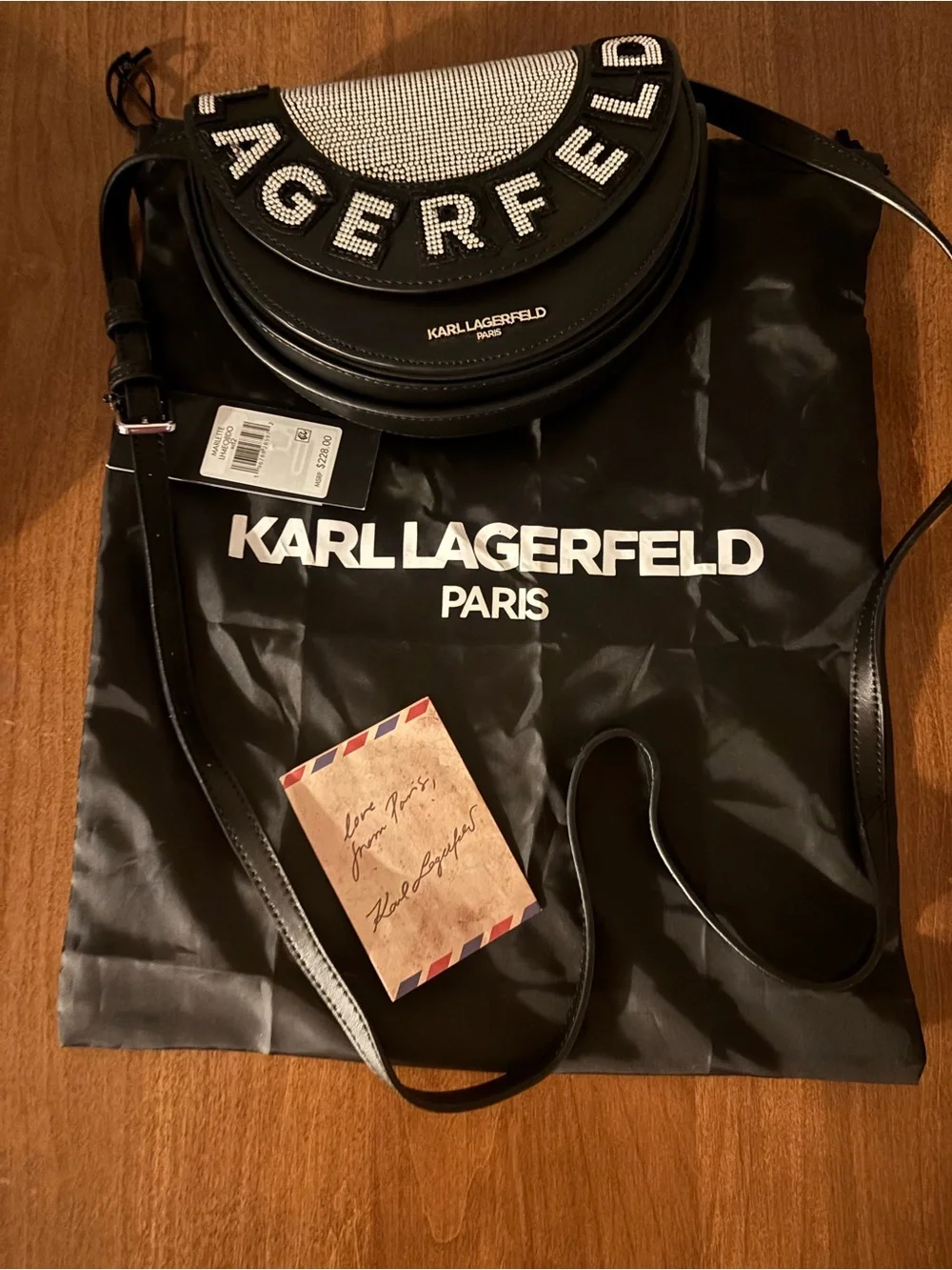 KARL LAGERFELD Black Crossbody Bag with Crystal Logo Flap