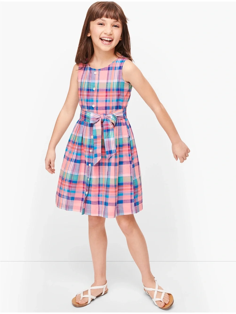 Talbots, Girls’s 100% cotton fit and flare Madras Tie waist dress, plaid, size 4