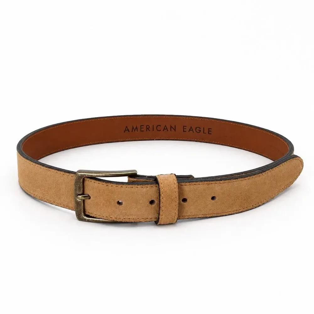 American Eagle Suede Leather Belt Brass Tone Buckle Tan Medium Unisex M Brown‎