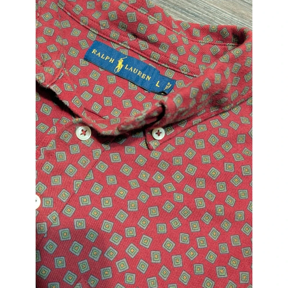 Ralph Lauren Mens Large‎ Red Geometric Print Long Sleeve Button Down Polo Shirt