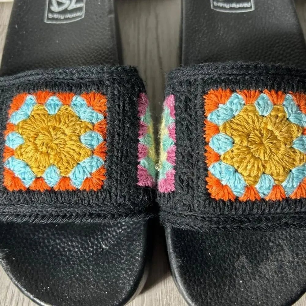Black platform sandals with colorful