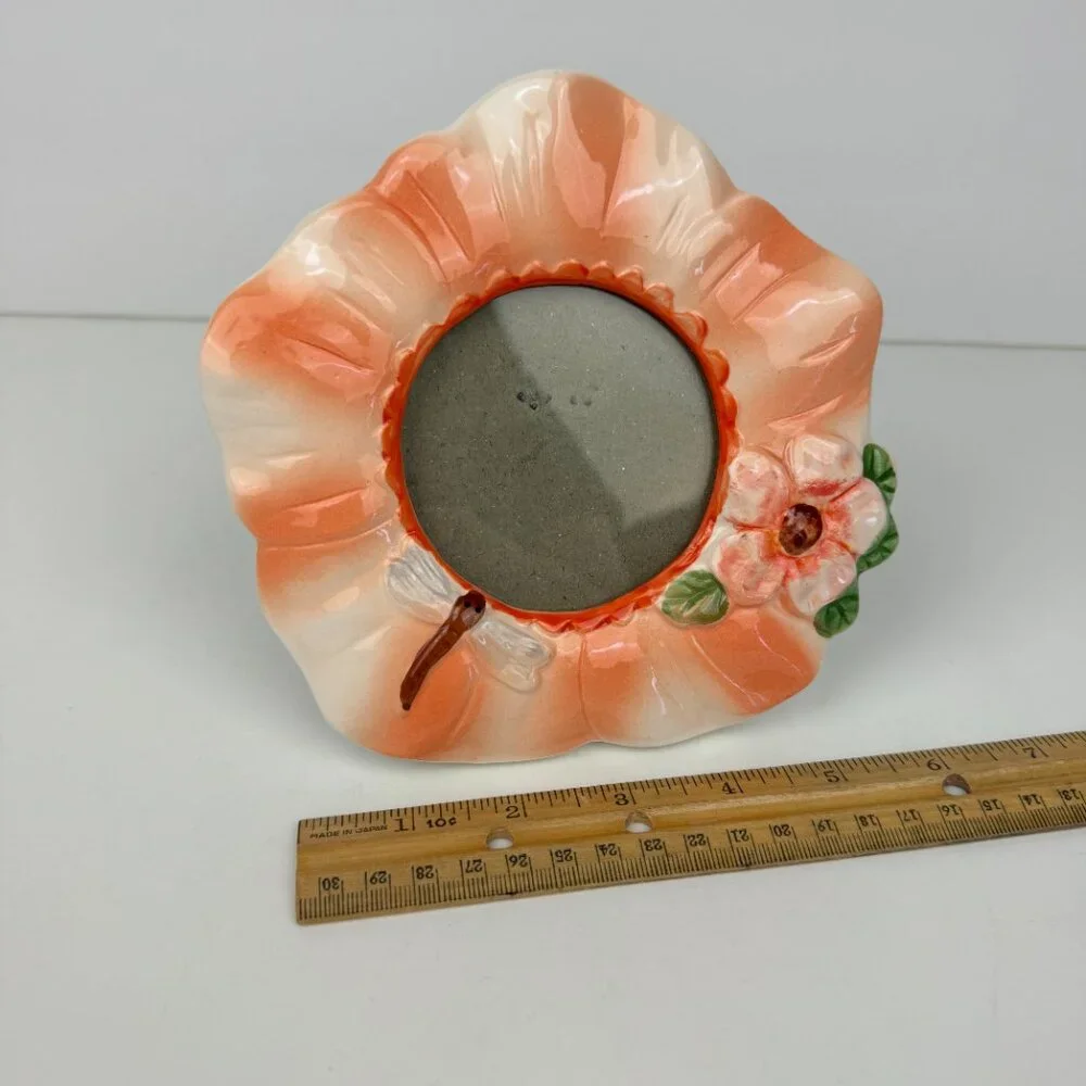 Vtg‎ Tabletop Miniature Frame Ceramic Hibiscus Dragon Fly Glazed 3x3 Image Size