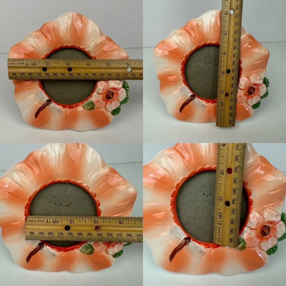 Vtg‎ Tabletop Miniature Frame Ceramic Hibiscus Dragon Fly Glazed 3x3 Image Size