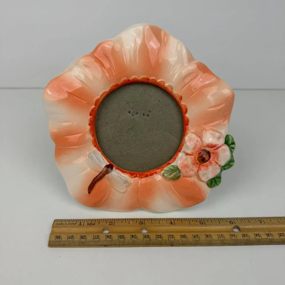 Vtg‎ Tabletop Miniature Frame Ceramic Hibiscus Dragon Fly Glazed 3x3 Image Size