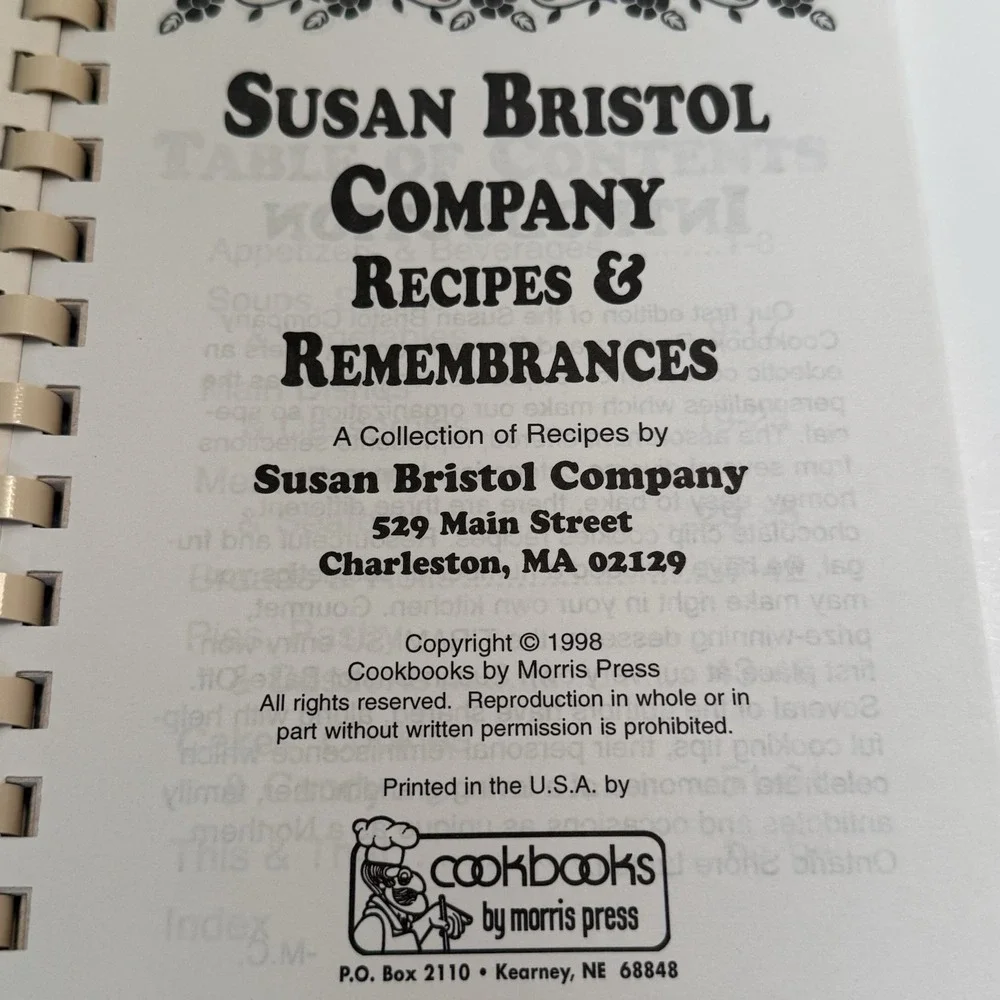 Susan Bristol Company Recipes & Remembrances 1998 Charleston MA Cookbook Vintage