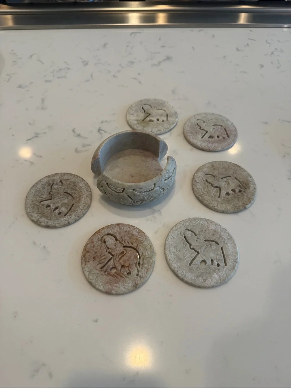 Hand-Carved 6 Soapstone Elephant Coasters round coasters please