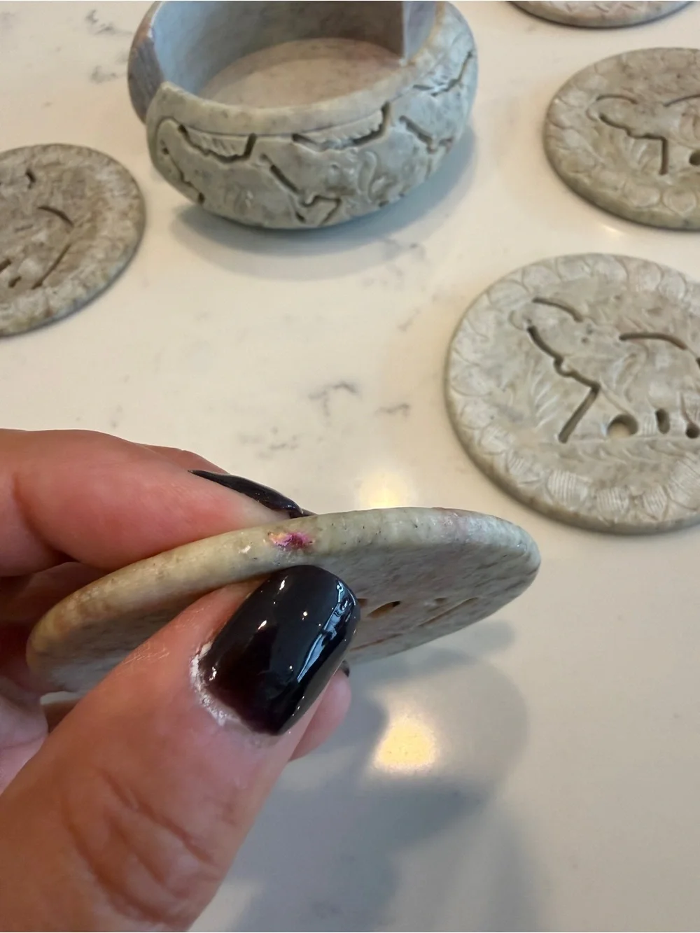 Hand-Carved 6 Soapstone Elephant Coasters lighting part