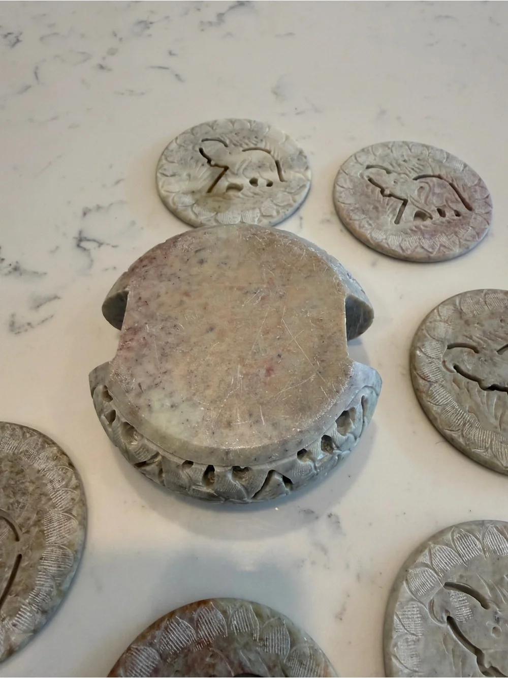 Hand-Carved 6 Soapstone Elephant Coasters tabletops pre