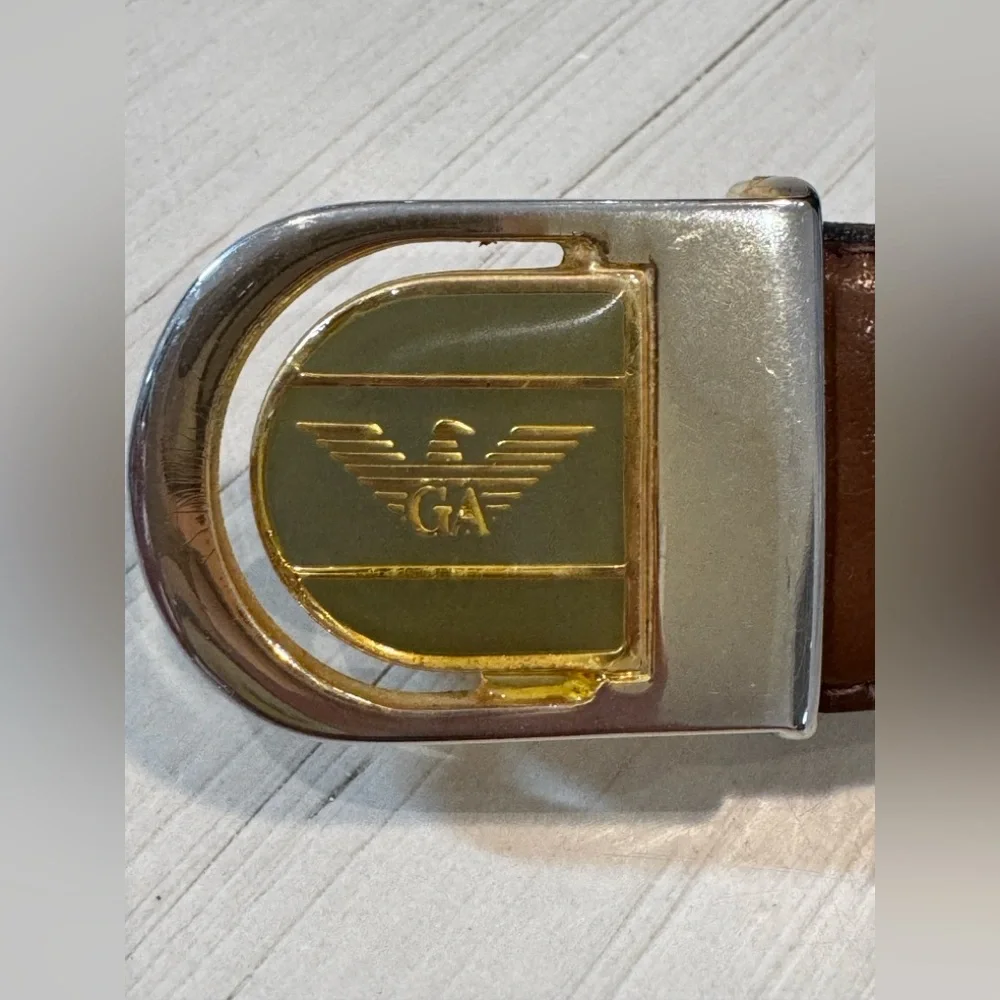 Vintage Giorgio Armani Brown Leather Belt Gold GA Eagle Buckle - Made in Italy