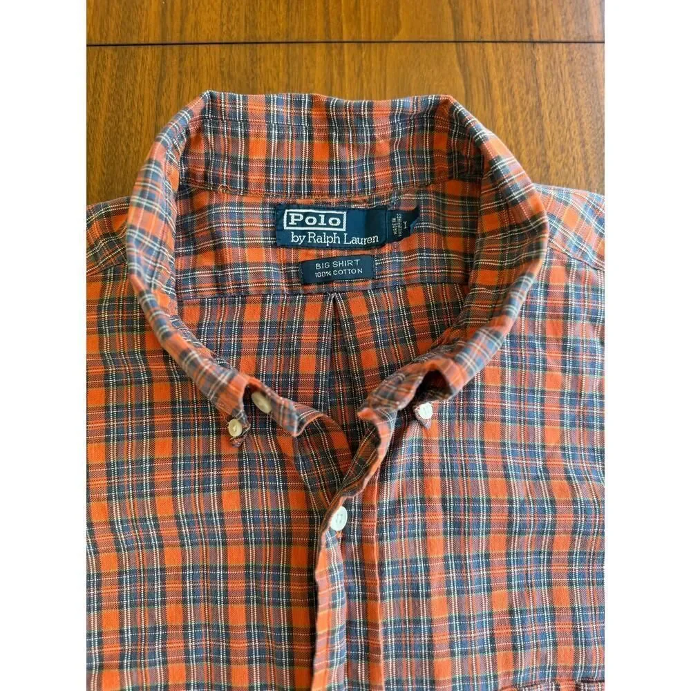 Vintage Polo Ralph Lauren Men's Big Shirt Orange/Blue Plaid Button Down - Size L