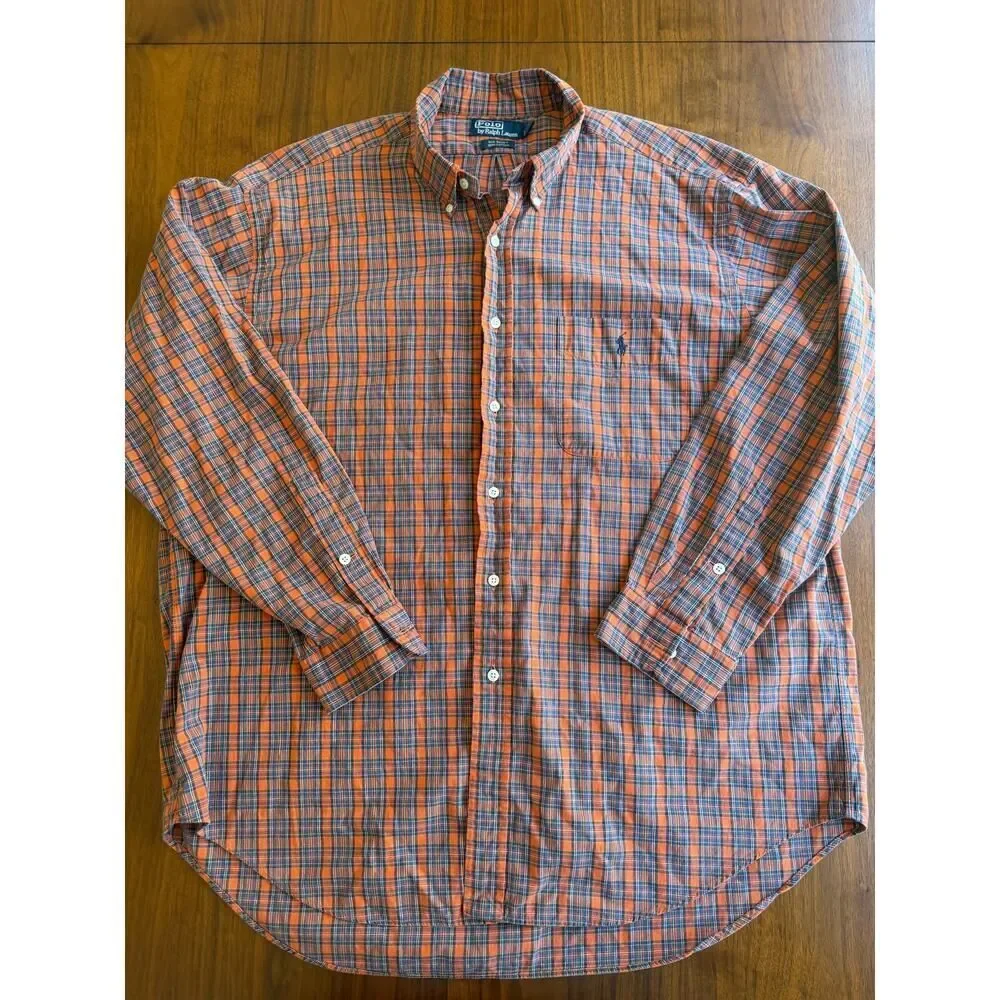 Vintage Polo Ralph Lauren Men's Big Shirt Orange/Blue Plaid Button Down - Size L