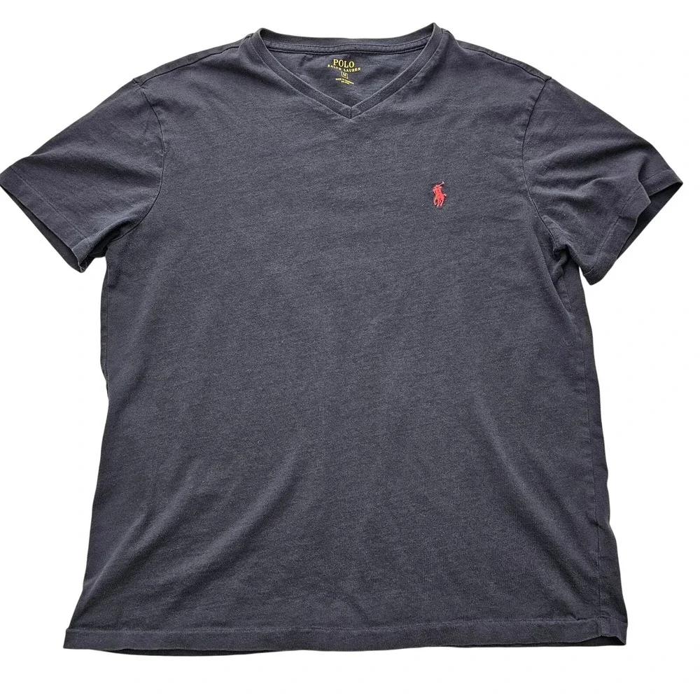 Polo Ralph Lauren T-Shirt Mens M‎ Navy Blue V-Neck Minimalist Cotton Pony Logo