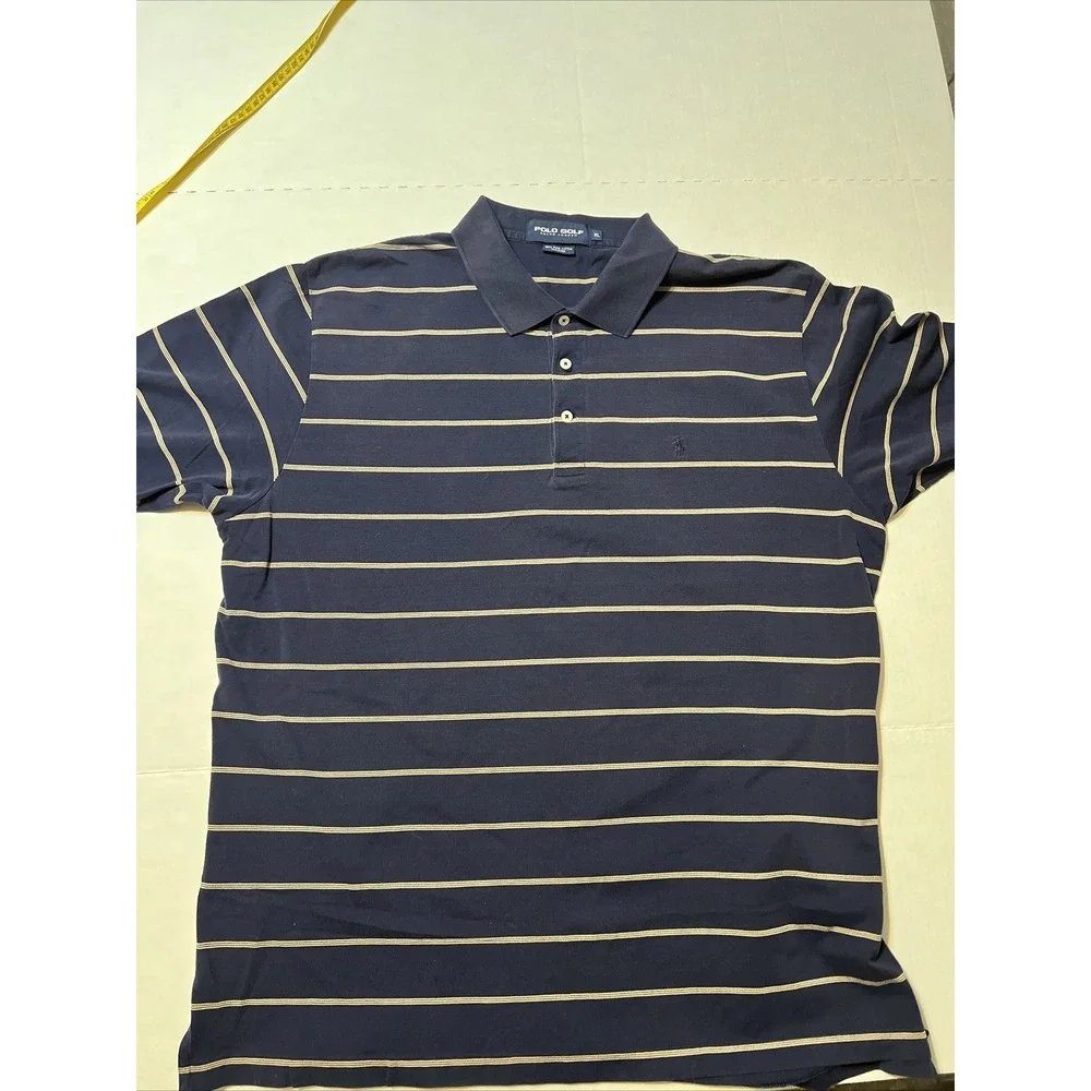 Vintage Ralph Lauren Polo Golf Shirt 100% Pima Cotton Men's XL Navy Blue Striped