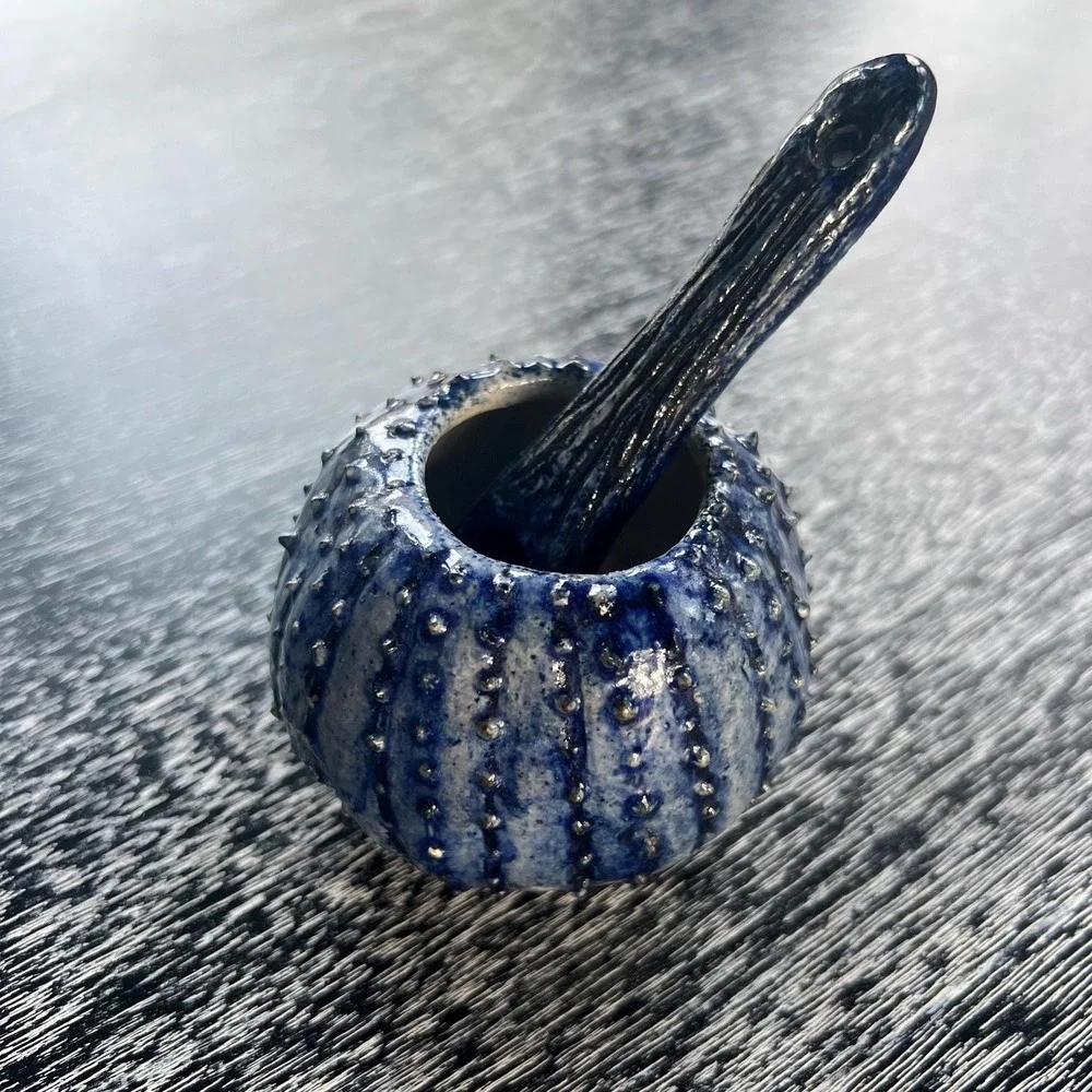 Handmade‎ Sea Urchin pottery sugar bowl and spoon