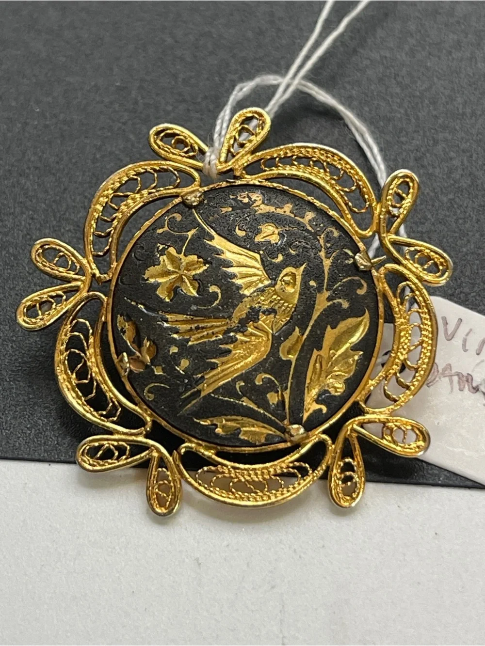 Vintage Mid Century Japanese Damascene Bird Brooch Gold Tone Filigree Frame