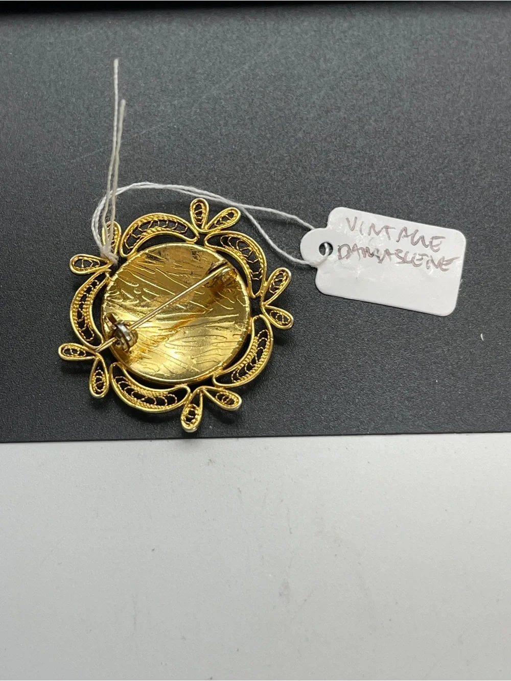 Vintage Mid Century Japanese Damascene Bird Brooch Gold Tone Filigree Frame
