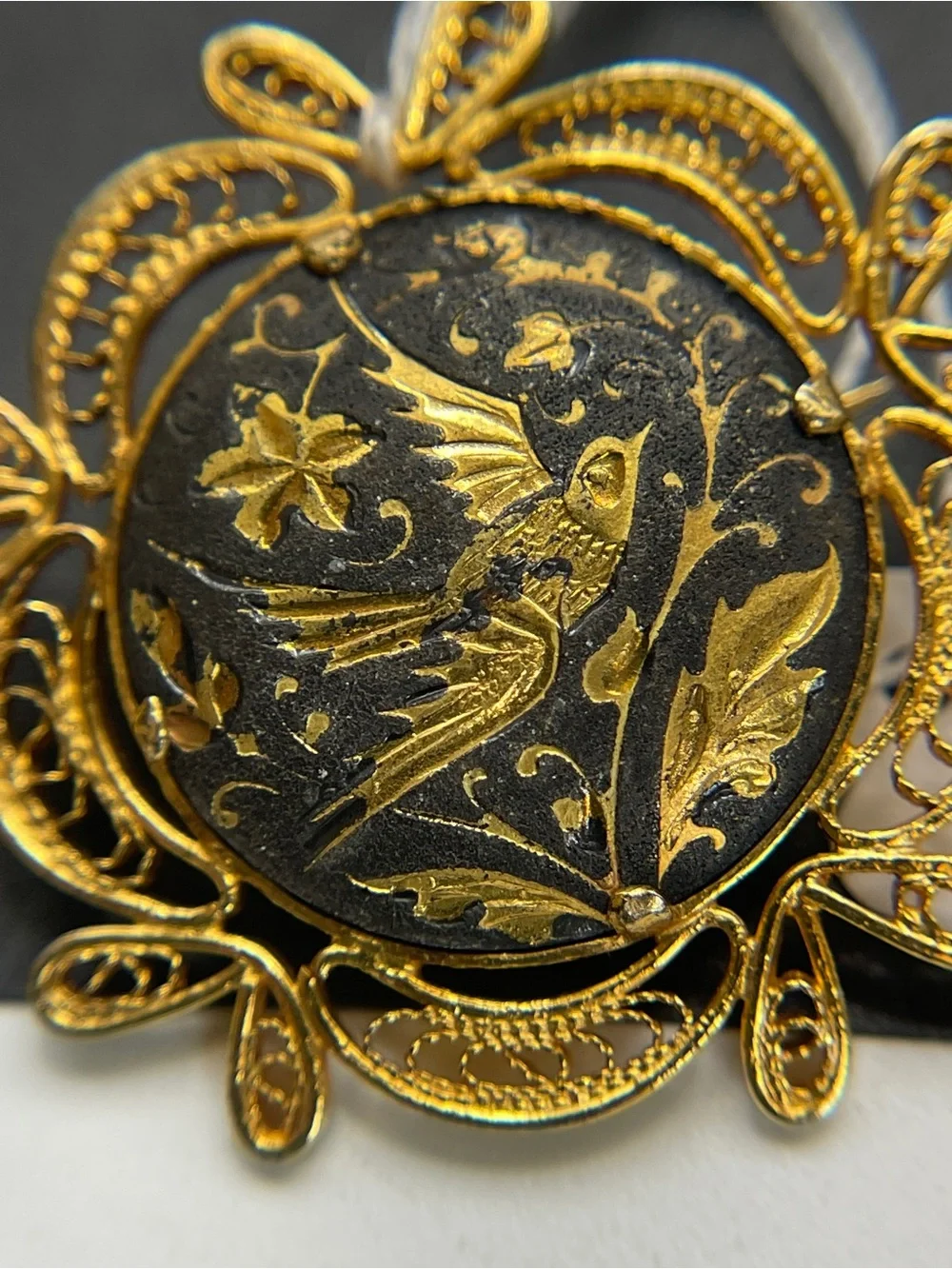 Vintage Mid Century Japanese Damascene Bird Brooch Gold Tone Filigree Frame