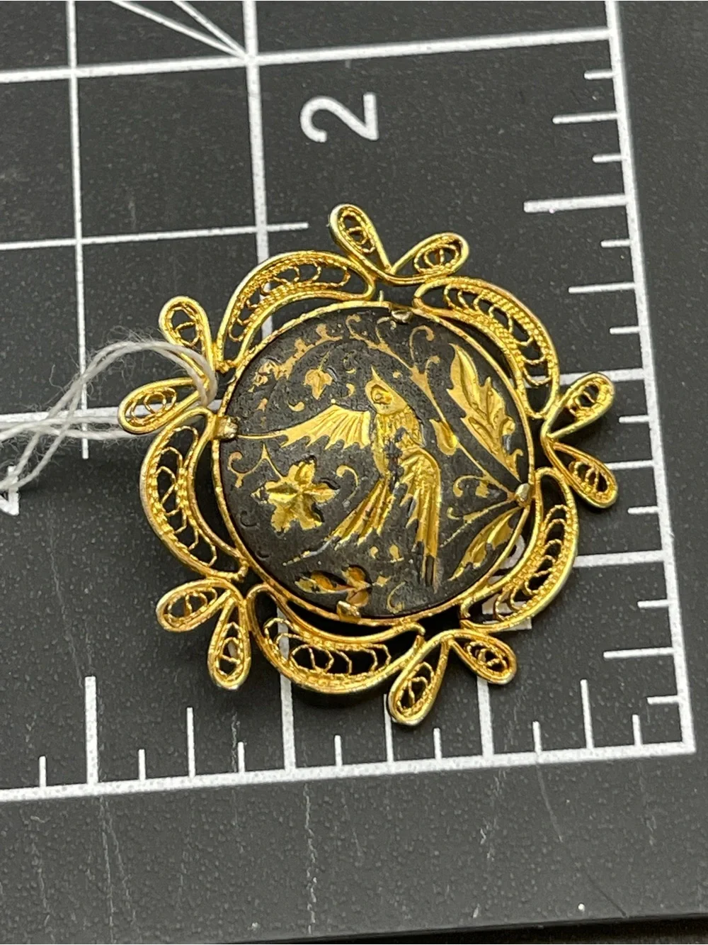 Vintage Mid Century Japanese Damascene Bird Brooch Gold Tone Filigree Frame
