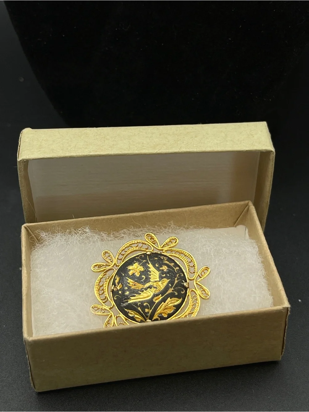 Vintage Mid Century Japanese Damascene Bird Brooch Gold Tone Filigree Frame
