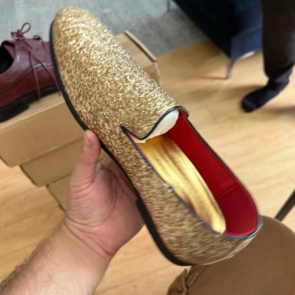 Santimon Men's US‎ 12 Gold Glitter Slip-On Loafers Sequin Dress Shoes