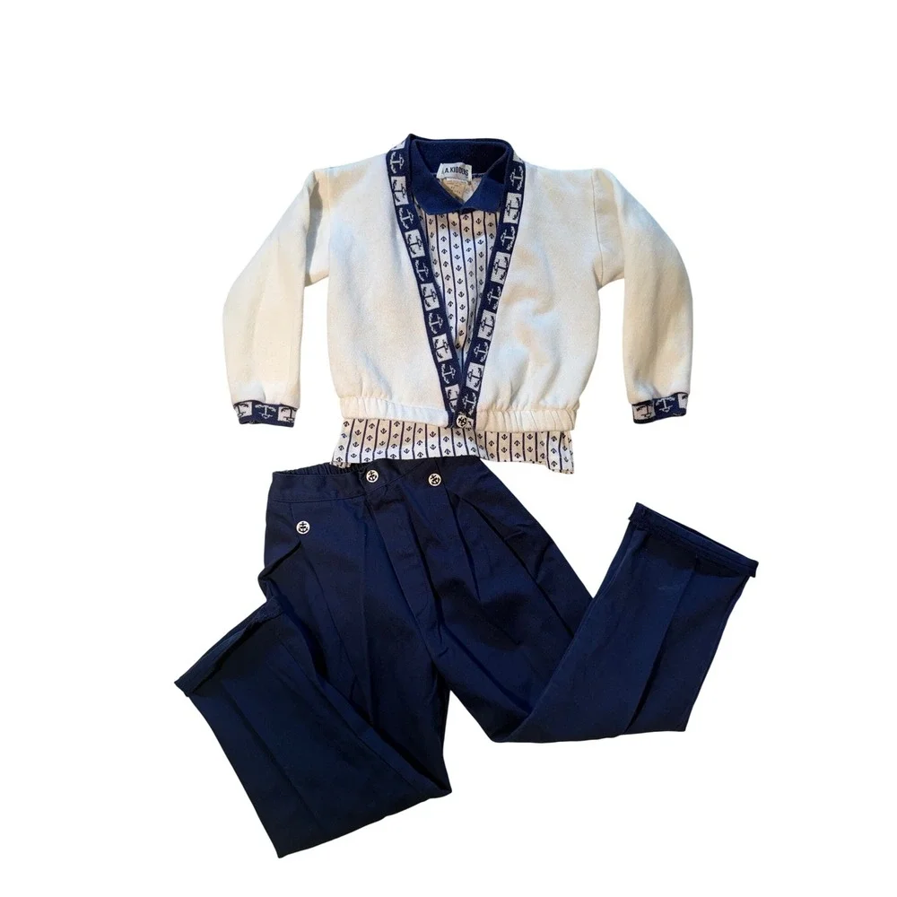 Y2K L.A. Kidders Boys Vintage 3 Piece Nautical‎ Set Cardigan Polo Pants Navy 4T