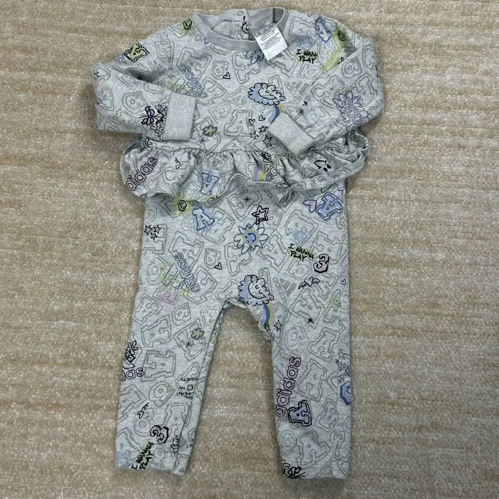 Adidas Baby Girls Jumpsuit 24M Gray Graphic Long Sleeve Cotton Romper