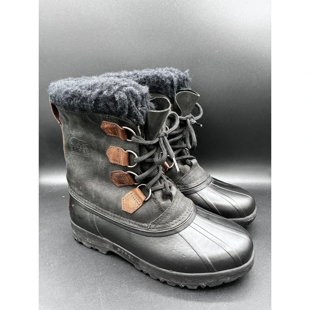 Sorel Alpine‎ Mens 8 Black Leather Waterproof Snow Winter Duck Boots Made Canada