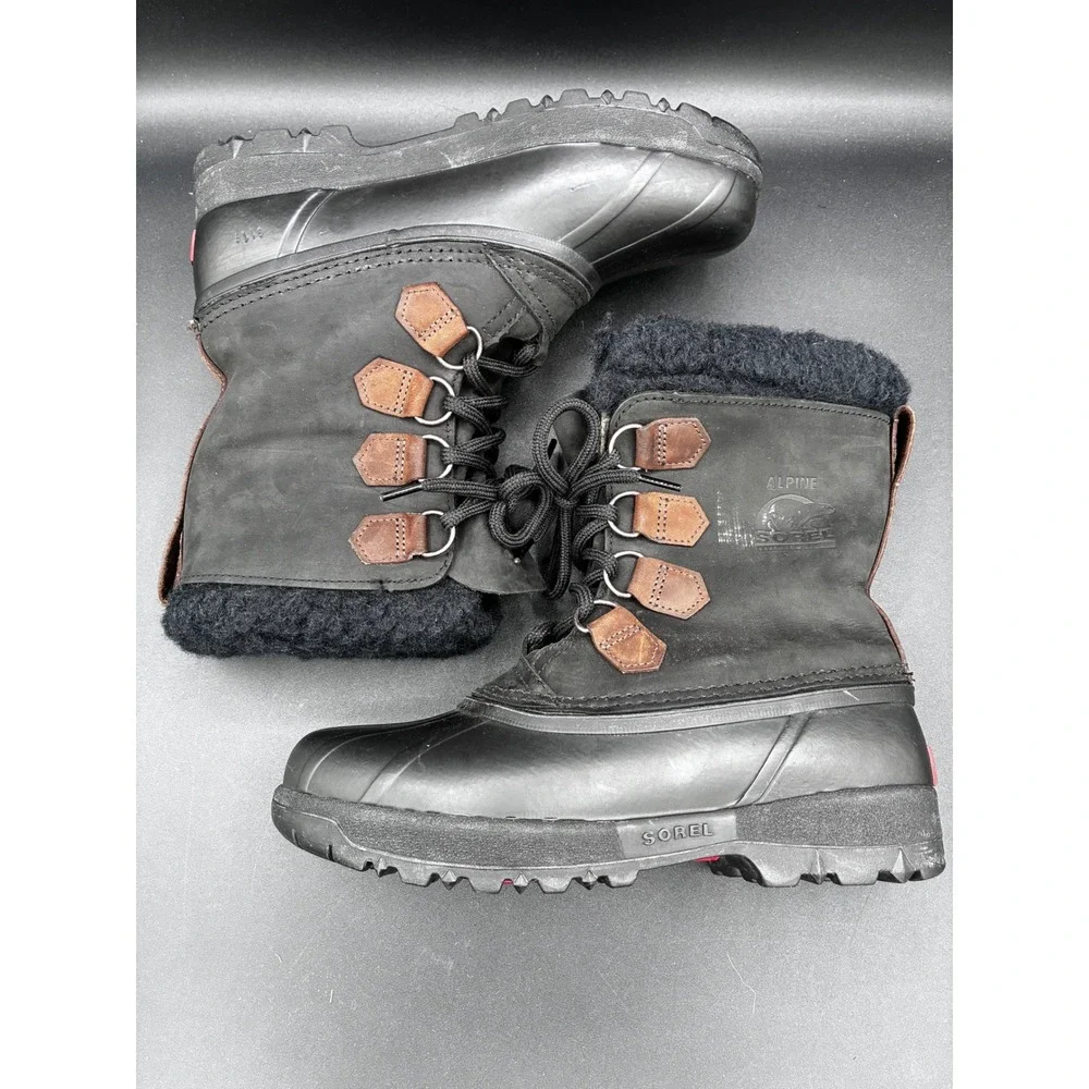 Sorel Alpine‎ Mens 8 Black Leather Waterproof Snow Winter Duck Boots Made Canada