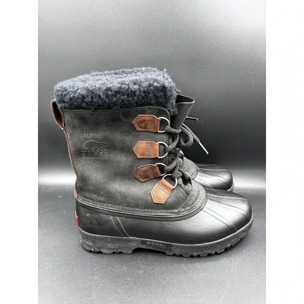 Sorel Alpine‎ Mens 8 Black Leather Waterproof Snow Winter Duck Boots Made Canada
