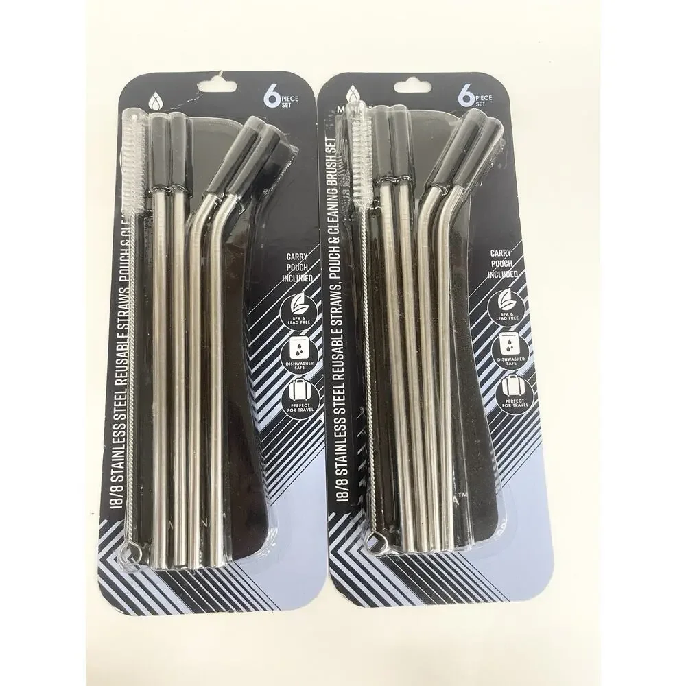 (2) Set of‎ 6 Stainless Steel Reusable Straw Pouch & Cleaning Brush Set BLACK