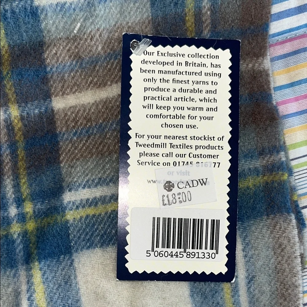 Tweedmill Cadw Plaid Pure Lambswool Scarf Made in Wales Blue Brown Cream‎ Fringe
