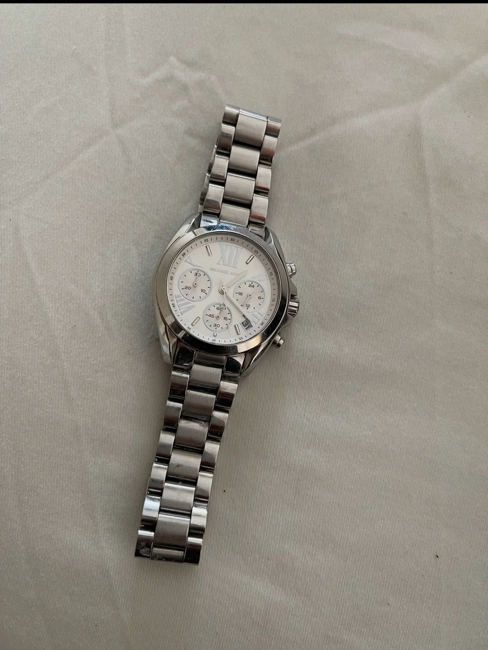 Michael Kors Silver and White Stainless Steel Chronograph Watch