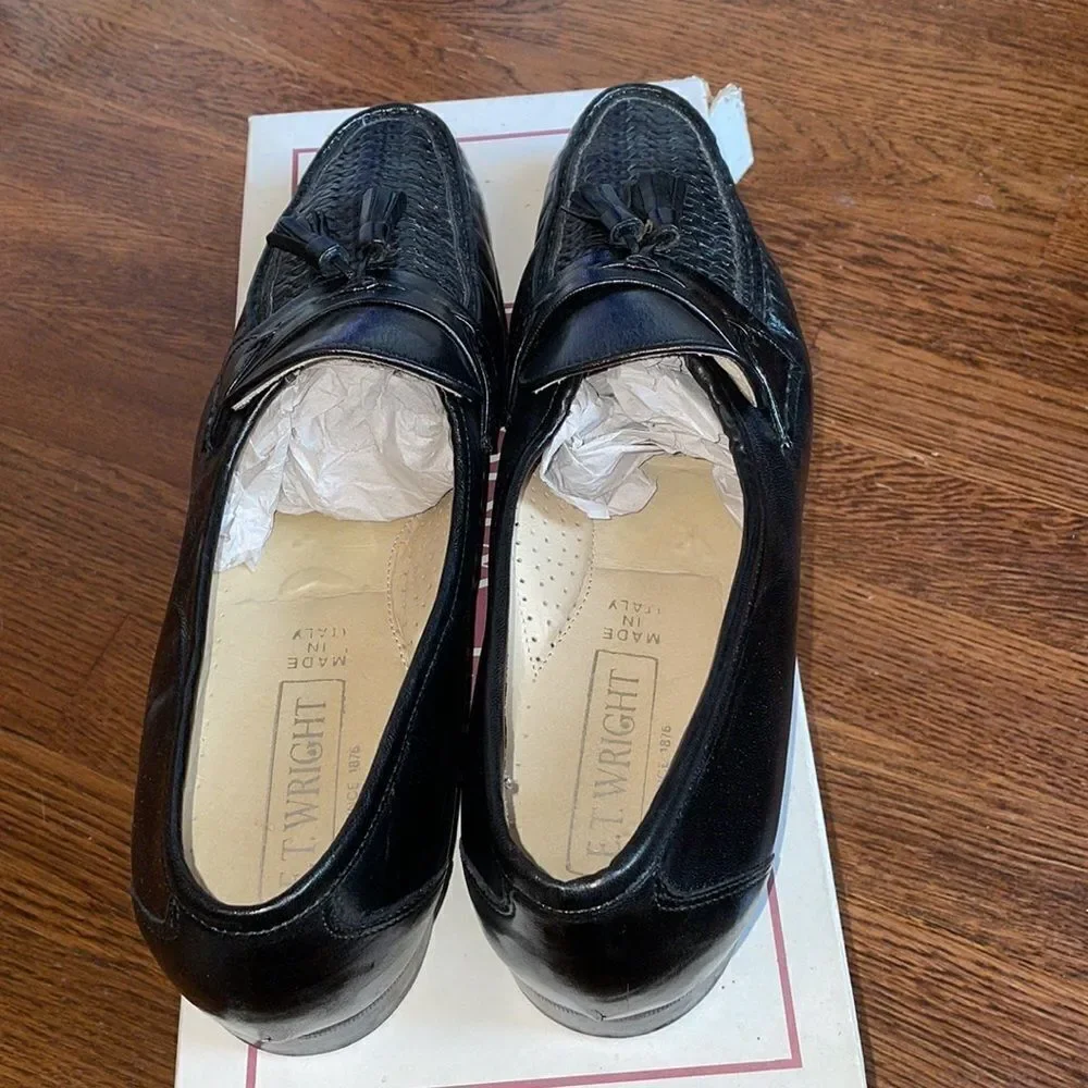 E.T. Wright Woven Vamp black leather slip on loafers‎ with tassels