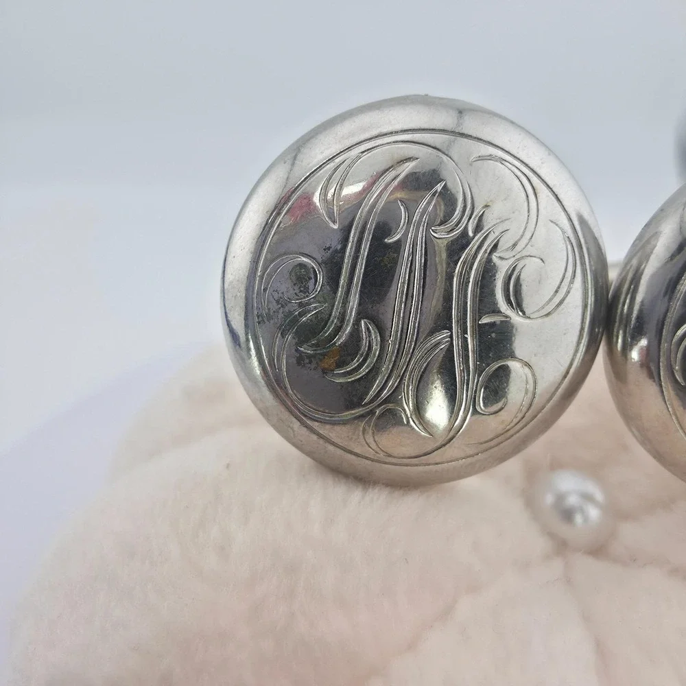 Vintage Cufflinks Engraved Monogram Scrollwork Elegant Silver Plate Bullet Back