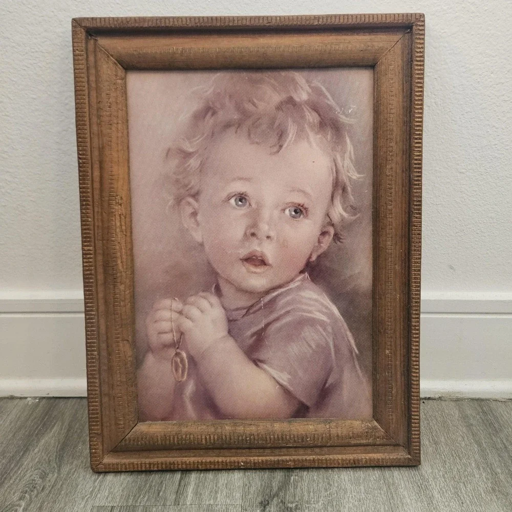 VTG Catholic framed print child praying‎ wooden board 19x14 Wood Picture Frame