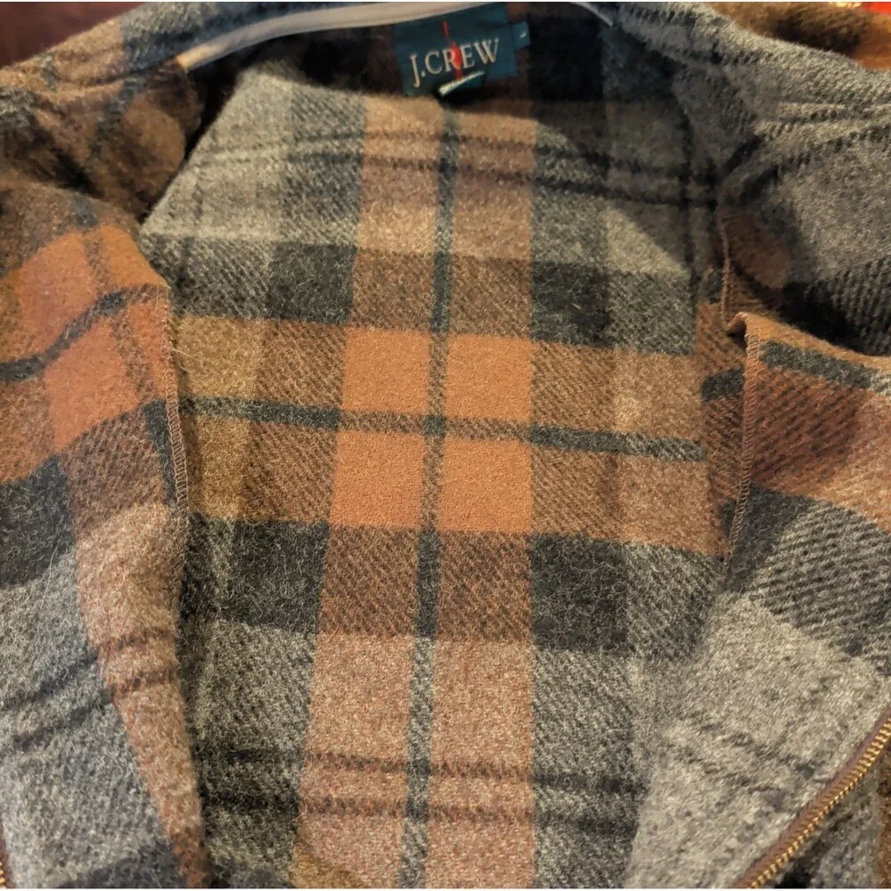 Vintage J Crew Wool Blend Plaid Jacket Mens L Brown Gray Full Zip Outdoor