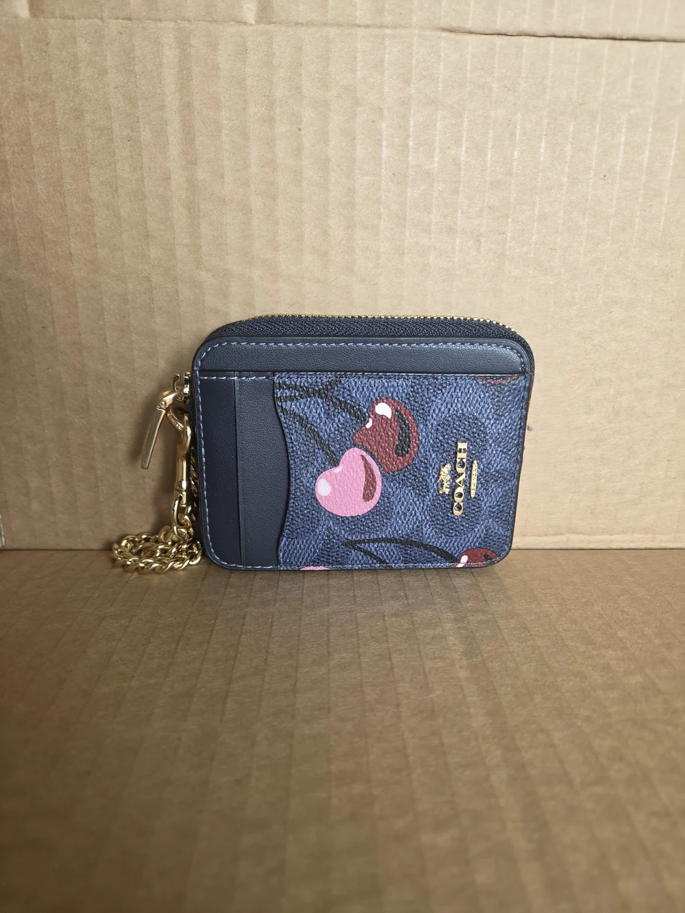 Coach Cherry Print Zip Signatur3 Card Case In Navy